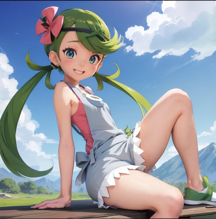 (Masterpiece), Best Quality, ultra-detailed, 1girl(zodiac_mallow , lovely small breasts, dark skin , green hair, long hair, twintails, headband, pink flower in hair, green eyes), smile, open mouth, solo, Put your hands on your face , head tilt, look to the side, denim overalls, backpack , outdoor, forest, , on the rock, straddle, sitting on rock, spread legs