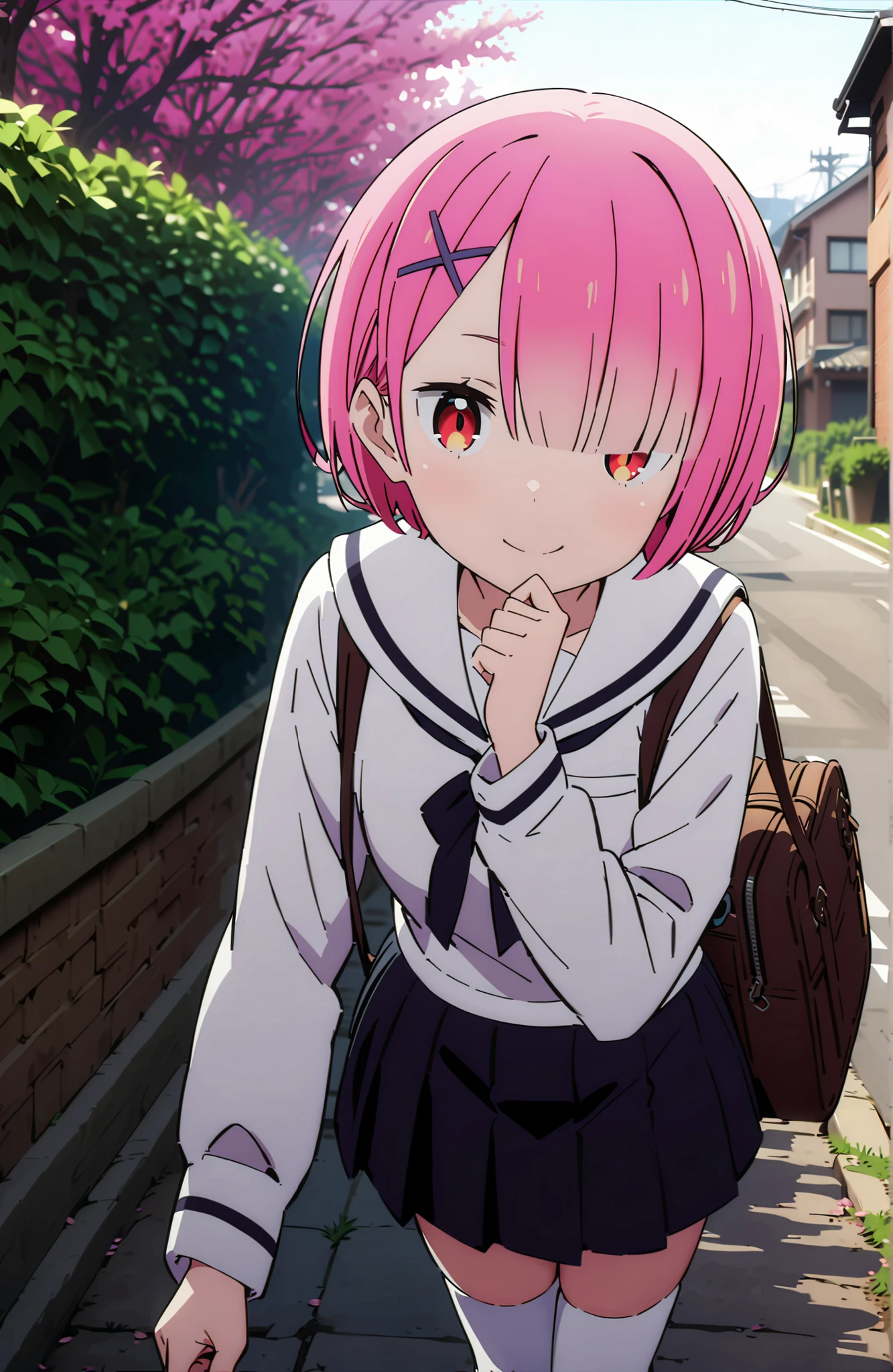 score_9, score_8_up, score_7_up, sauce_anime,Ram, hair flower, Hair Ornament, hair on one eye, pink hair, Red Eyes, short hair, x Hair Ornament,smile,blush,close your mouth,white sailor suit,long sleeve, black mini pleated skirt ,white thigh high socks,loafers,Student bag 1 :1,cherry blossoms,is walking,morning,full bodyがイラストに入るように,break looking at viewer,full body,
break outdoors, residential area,
break (masterpiece:1.2), best quality in bronze, high resolution, Unity 8Kの壁紙, ( illustration :0.8), (beautiful detailed eyes:1.6), highly detailed face, perfect lighting, highly detailed CG, (perfect hand, perfect anatomy),