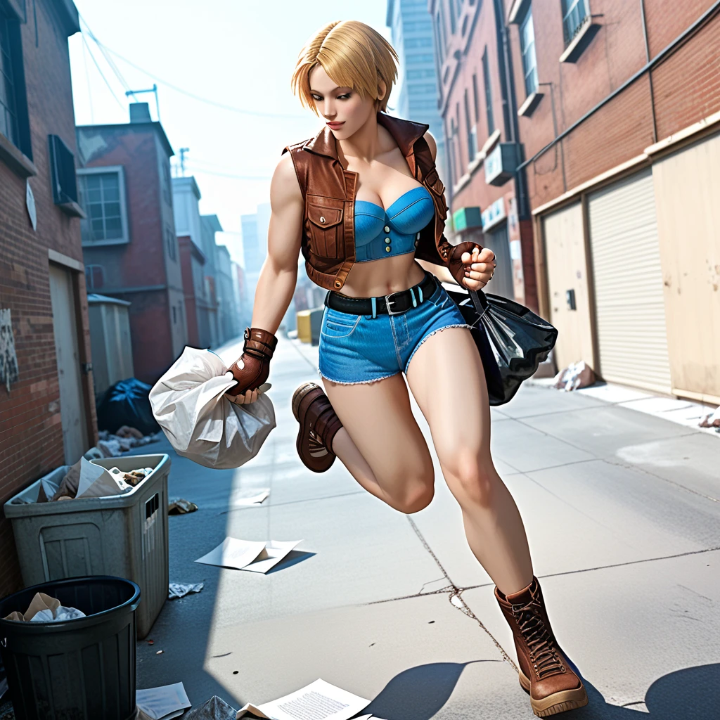 score_9, LuciaFF3Outfit, 1girl, short hair, blue denim sports bra, brown vest, brown fingerless gloves, black belt, sexy pose, alley of a modern city, place full of trash, several trash bags, several sheets of paper flying, decaying place, early afternoon, alone, dynamic angle, absurd, high quality, detailed