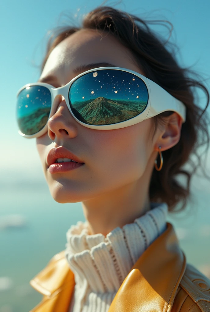 The model is wearing glass sunglasses with stars and the moon on the glass