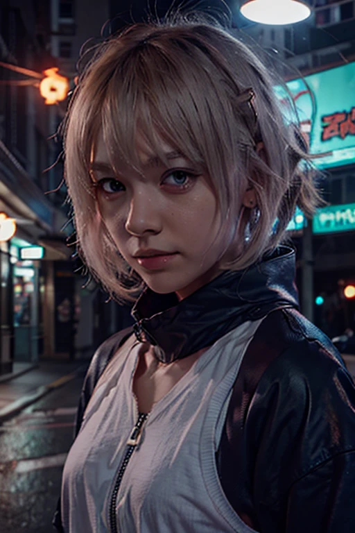 work of art, best qualityer, 4K, ultra HD, Mishoujo, painting-like, beautiful eyes and detailed face, illustration, Beautiful detailed, high resolution illustration, Ablaze_offwhite_particles, 1 girl, offwhite hair, light purple eye, hair over one eye, short side detail, boné de baseball,unexpressive, blind, Black jacke, Chest Rig, cyber punk, technological clothing,(Impressionism:1.4)