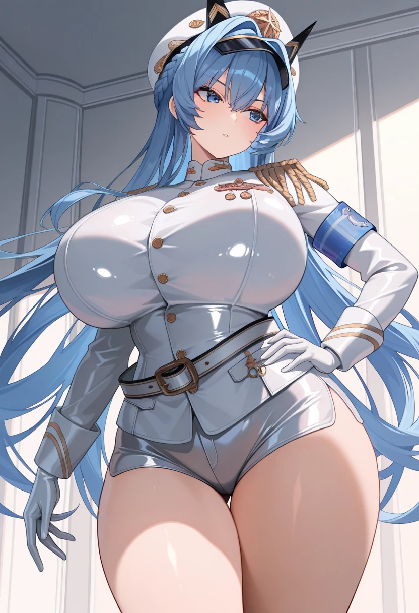anime、High resolution、Magazine cover style、Sensational headlines、Wearing military uniform、A busty, chubby girl shows off her charms at the naval base、Perfect proportions、Cowboy Shot、Very big saggy 、Fatty legs、Sweaty、Clear eyes