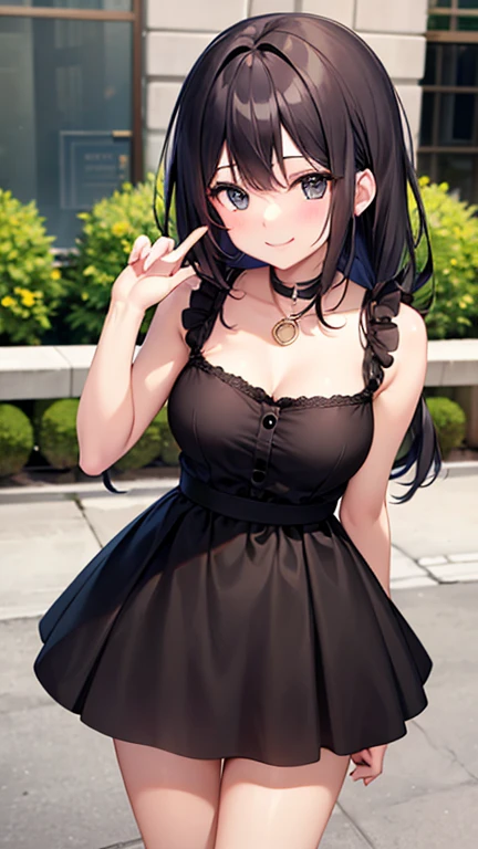 full body, solo, alone, delicate facial features, medium tits, medium hair, black hair, tearful mole, earring, dress, cleavage, street,