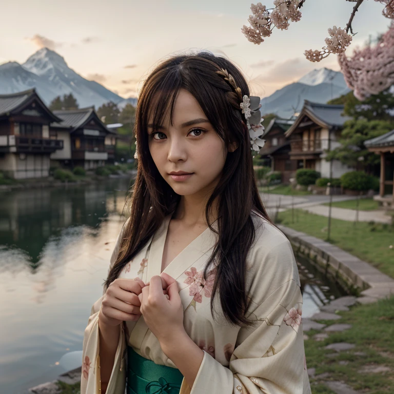 Asuna, Masterpiece , Best Quality, detailed, (1girl), alone, detailed golden eyes, long hair, Permanent, Close to the viewer , (detailed kimono), faint smile , medium , ( behind hands), Eau, the sunset, (head gear), (Sakura blossoms), The background is a snowy mountain lake