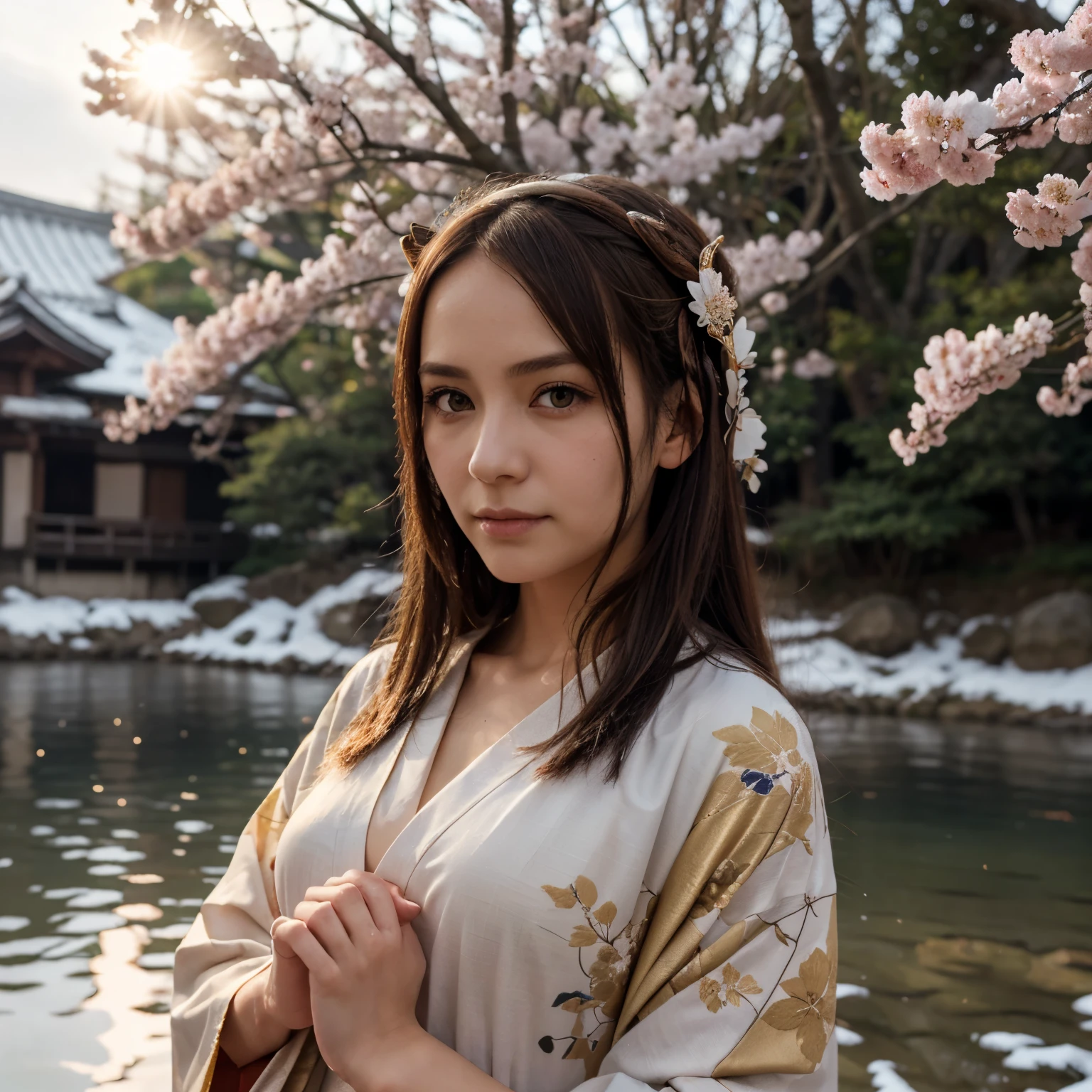 Asuna, Masterpiece , Best Quality, detailed, (1girl), alone, detailed golden eyes,  long hair, Permanent, Close to the viewer , (detailed kimono),  faint smile , medium ,  ( behind hands), Eau, the sunset, (head gear), (Sakura blossoms),  The background is a snowy mountain lake