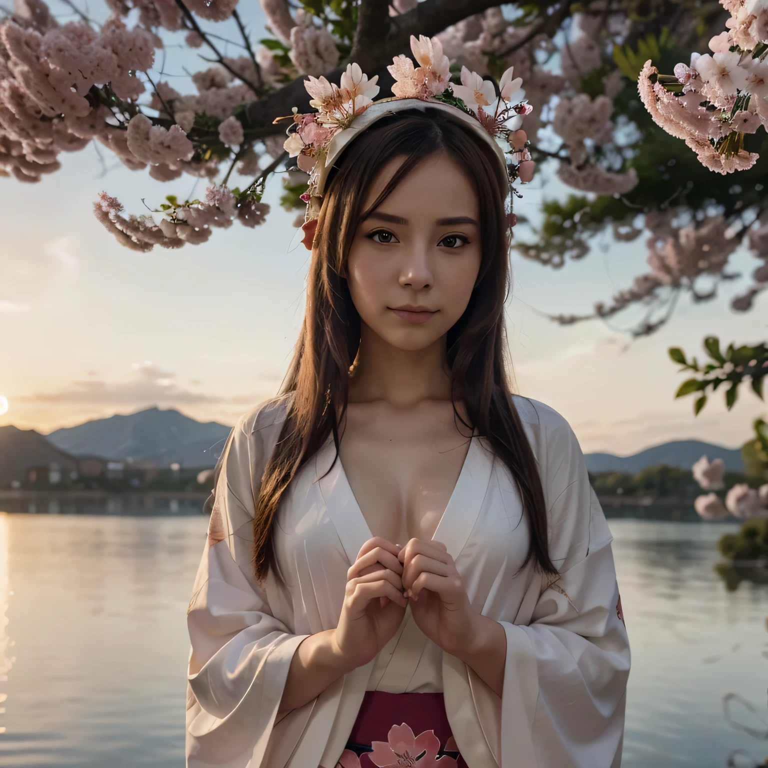 Asuna, Masterpiece , Best Quality, detailed, (1girl), alone, detailed golden eyes, long hair, Permanent, Close to the viewer , (detailed kimono), faint smile , medium , ( behind hands), Eau, the sunset, (head gear), (Sakura blossoms), The background is a snowy mountain lake