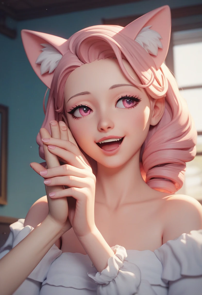 An anime girl with a pair of cat ears , The inside of her ears are soft white fluff, Her eyes are wide open and curious , See me , pretty eyes, whaite hair, Pink Eyes, good art, good drawn , anime 2-dimensional, 2-dimensional, lovely, Each hand has 5 fingers she is excited and happy , beautiful hand, Nicely drawn hands , 4K, 8 thousand,