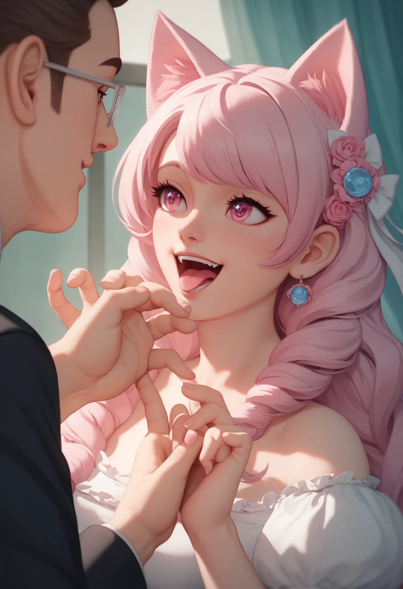 An anime girl with a pair of cat ears , The inside of her ears are soft white fluff, Her eyes are wide open and curious , See me , pretty eyes, whaite hair, Pink Eyes, good art, good drawn , anime 2-dimensional, 2-dimensional, lovely, Each hand has 5 fingers she is excited and happy , beautiful hand, Nicely drawn hands , 4K, 8 thousand,