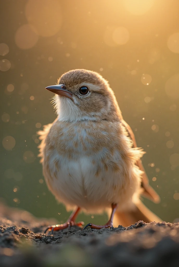 A charming close-up portrait,Showing a beautiful bird,Illuminated by soft golden light on a quiet morning,The bokeh ball gently frames its petite body