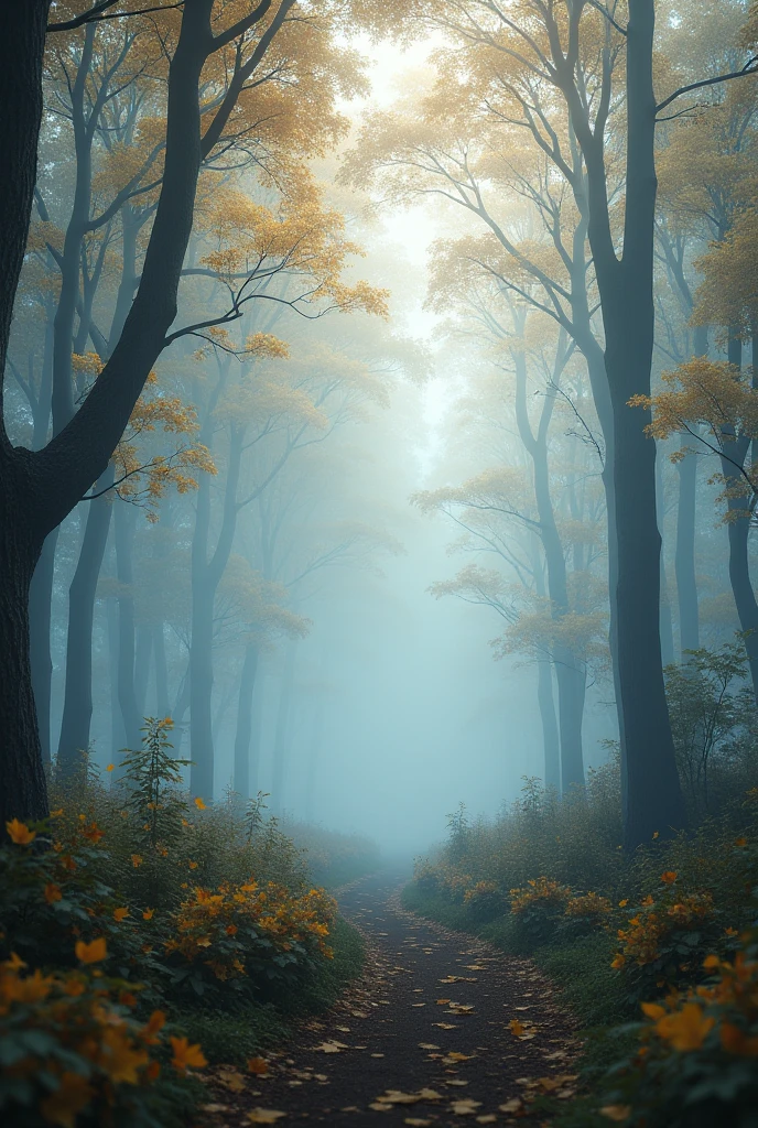 In the morning fog,The fortified forest hasn't fully woken up yet,Is that condensate?,shook off a few yellow leaves,like a letter to autumn。