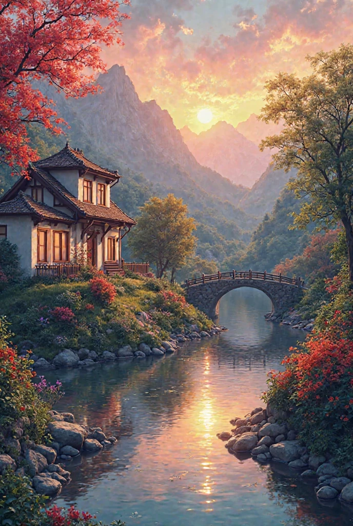 , a small riverside village,The background is mountains,Flowers bloom,vibrant with colors,Detailed scenery,Beautiful natural landscape,Ambiance Lighting,Scorching sunset,a warm color palette,utility,utility摄影,Delicate leaves,Complex architecture , cobblestone streets , charming country cottages , swirling bright colors, dense vegetation ,Still water reflections,picturesque,Leisure and tranquility,artwork of a,Best quality,8k,Extremely detailed,anime style