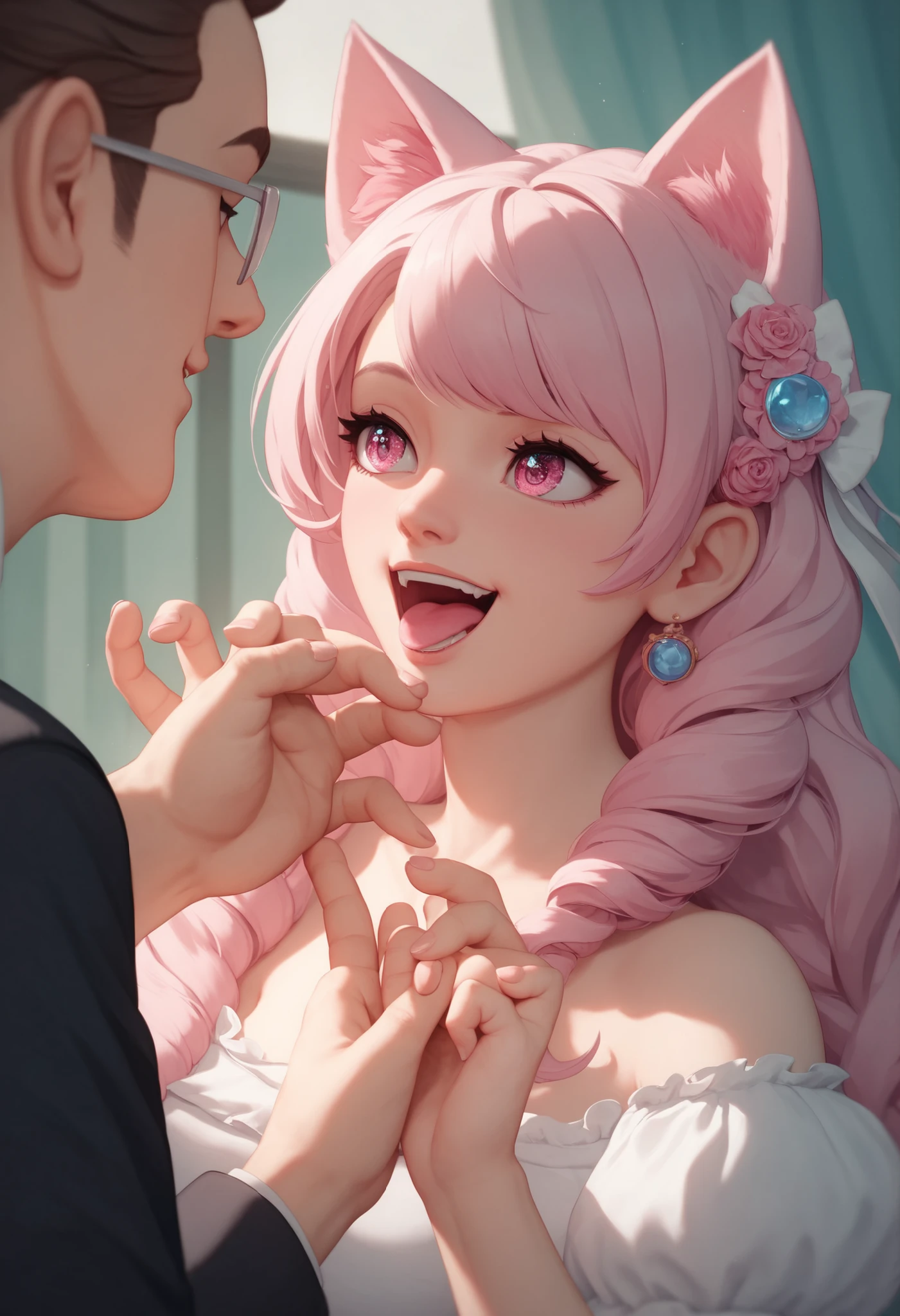  An anime girl with a pair of cat ears ,  The inside of her ears are soft white fluff,  Her eyes are wide open and curious ,  See me , pretty eyes, whaite hair, Pink Eyes, good art, good drawn , anime 2-dimensional, 2-dimensional, lovely,  Each hand has 5 fingers she is excited and happy , beautiful hand,  Nicely drawn hands , 4K, 8 thousand,