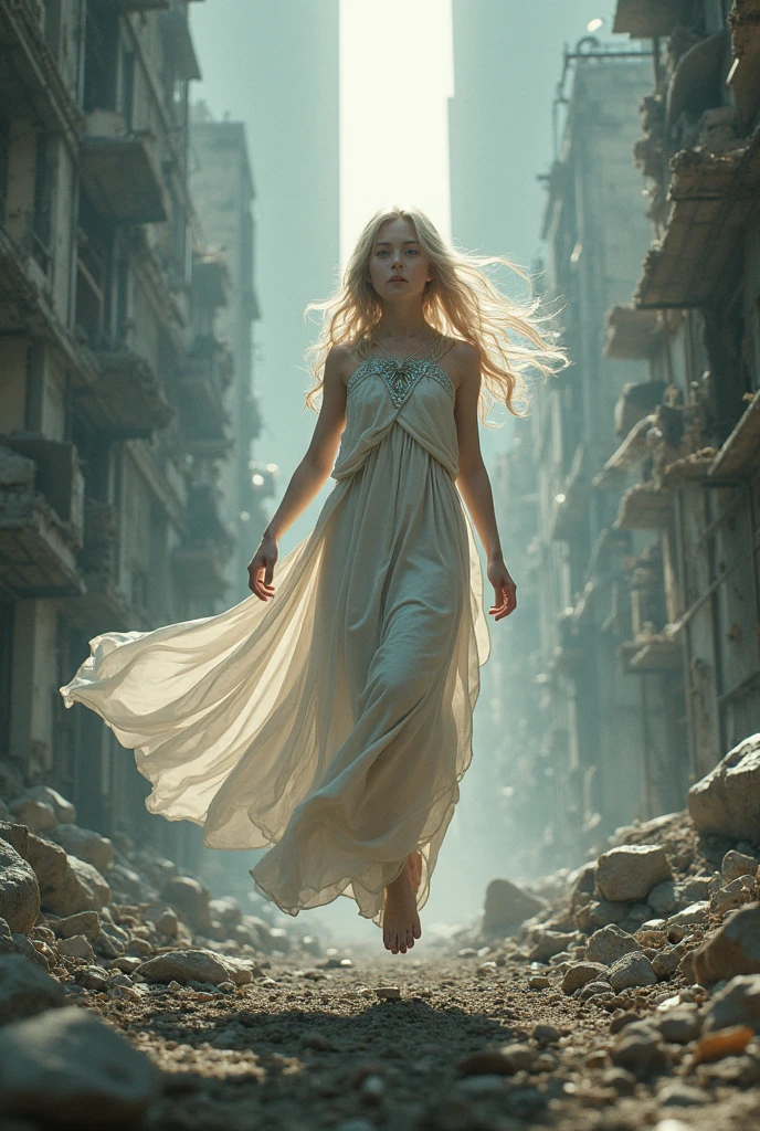 Angel girl walks through a ruined city 