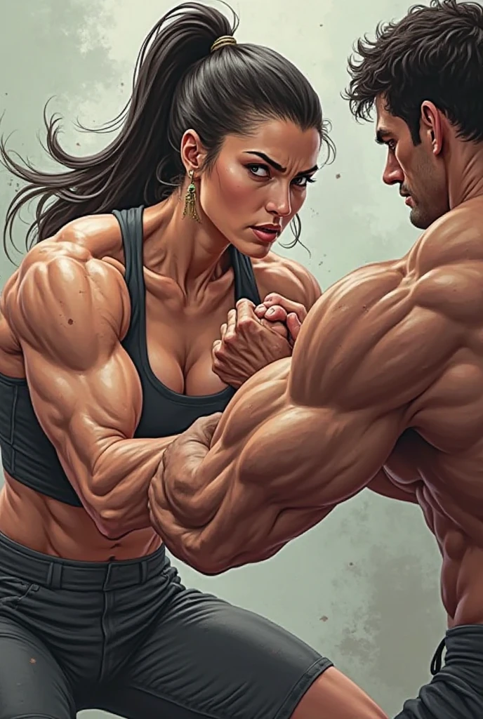 two person. a man and a girl is fighting in a ring. a man is punching bloody pretty young japanese girl fighter so hard. her belly is having his fist. she is crying and screaming. she is beated down. she is groggy. she has short-cut black hair, shortness of breath, drool from her mouth, closed eye, exhaustion, and sweat soaked. sports-bra. bikini-shorts. open finger grobe. full body. Super big tits. Very thick arms and thighs. Heavyweight. Muscularity. Six pack abs. Erect nipples.