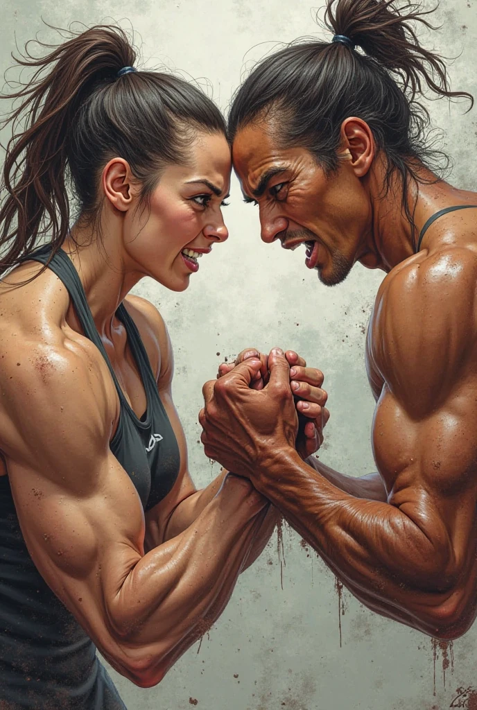 girl fighting man, muscular girl with curly dark blonde hair, ponytail, medium size breasts, wet skin, white bra and blue denim shorts