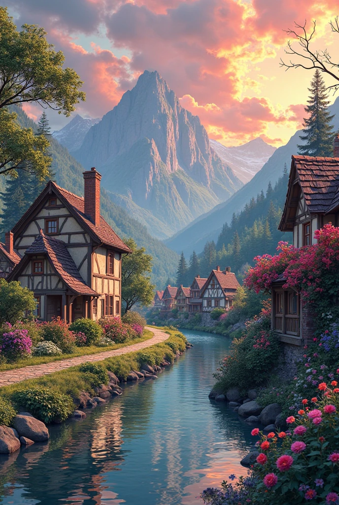 A small village by the river, color of the mountain in the background, colorful flower flowers, detailed landscape, beautiful natural scenery, atmospheric lighting, scorching sunset, warm colors, Practical, фотоPractical, detailed foliage, complex buildings, paved street, charming country house, swirl bright colors, lush vegetation, reflections on water, picturesque, idyllic, artwork, the best quality, 8k, very detailed,  anime stylization 