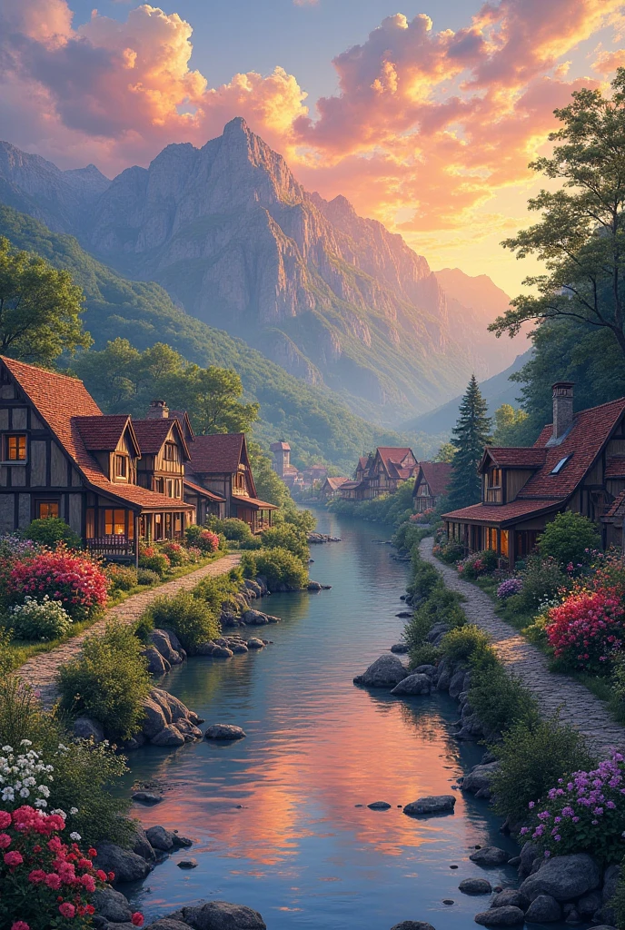A small village by the river, color of the mountain in the background, colorful flower flowers, detailed landscape, beautiful natural scenery, atmospheric lighting, scorching sunset, warm colors, Practical, фотоPractical, detailed foliage, complex buildings, paved street, charming country house, swirl bright colors, lush vegetation, reflections on water, picturesque, idyllic, artwork, the best quality, 8k, very detailed,  anime stylization 