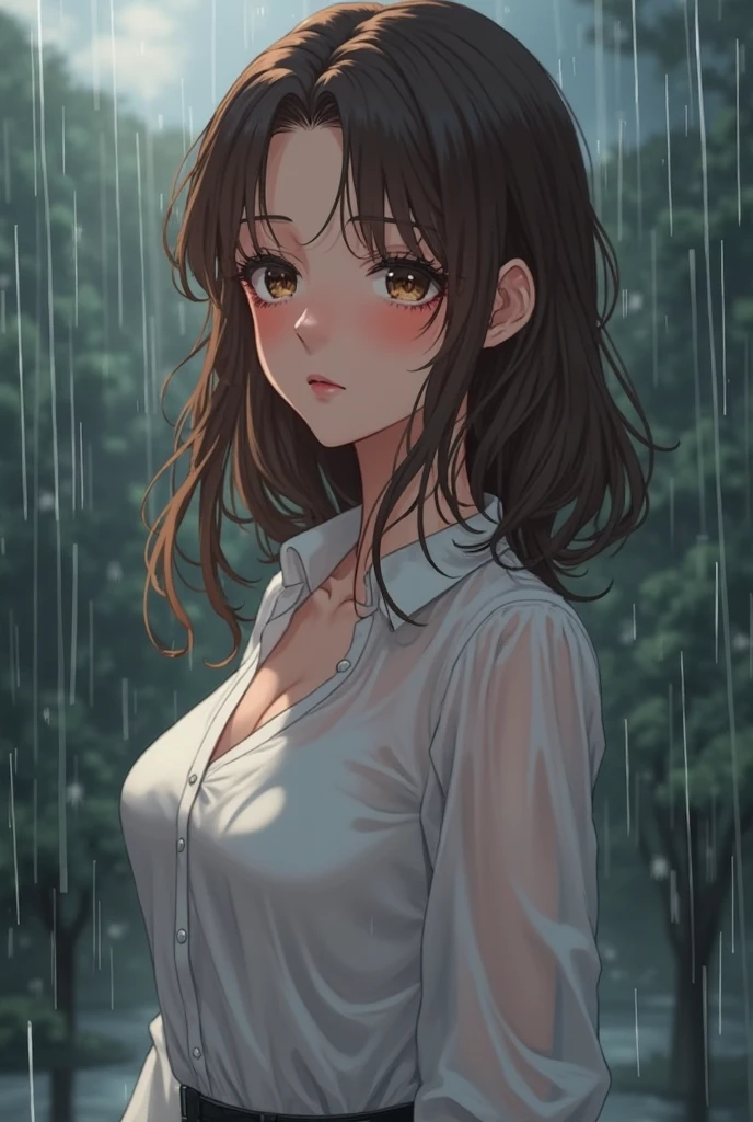 detailed illustration, dynamic angle, ultra-detailed, illustration, 1girl, 18 year old, school girl, wavy brown hair, long hair, bright brown eyes, shocked look, wide eyes, amazed eyes, blush, flush, surprised, standing, outside, backyard, rainstorm, nighttime, looking down at ground, sad, under a tree, tears, wet hair, wet clothes, white shirt, brown skirt