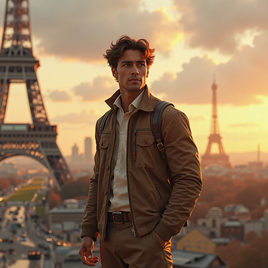   tall brown skinned and brown haired man visiting Paris 