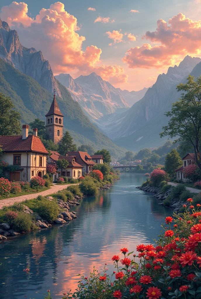 a small village by the river, mountains in the background, floral flowers colorful, detailed landscape, Beautiful natural landscapes, atmospheric lighting, scorching sunset, warm colours, practical, photopractical, Detailed Foliage, complex buildings, cobblestone street, Charming country house, swirly vibrant colors, lush vegetation, Still water reflections, Picturesque, idyllic, work of art, best qualityer, 8k, extremely detaild,anime styling