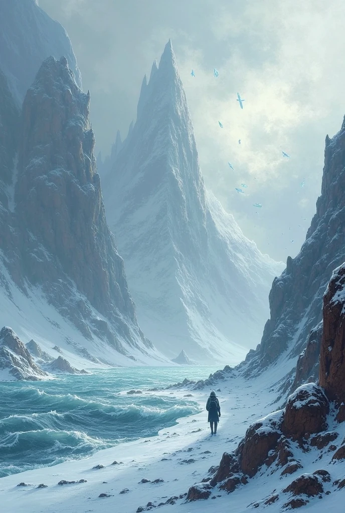 Make a simple drawing, for the this part of a poem. “strangest sea, chilliest land”*