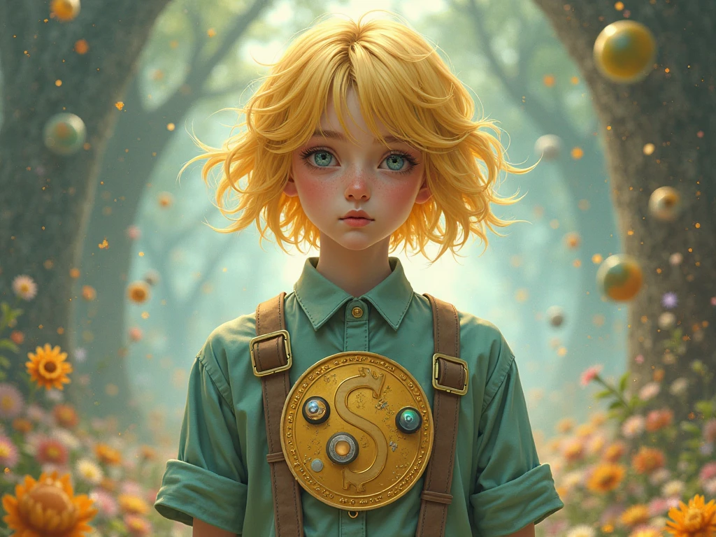 Generate a leek coin lenses and blond hair with a mouth shirt