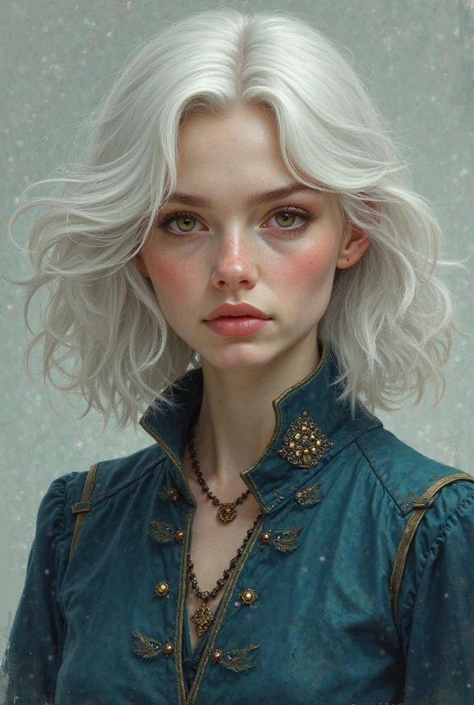 mid length white hair pale woman with brown eyes wearing teal and navy blue western style not realistic