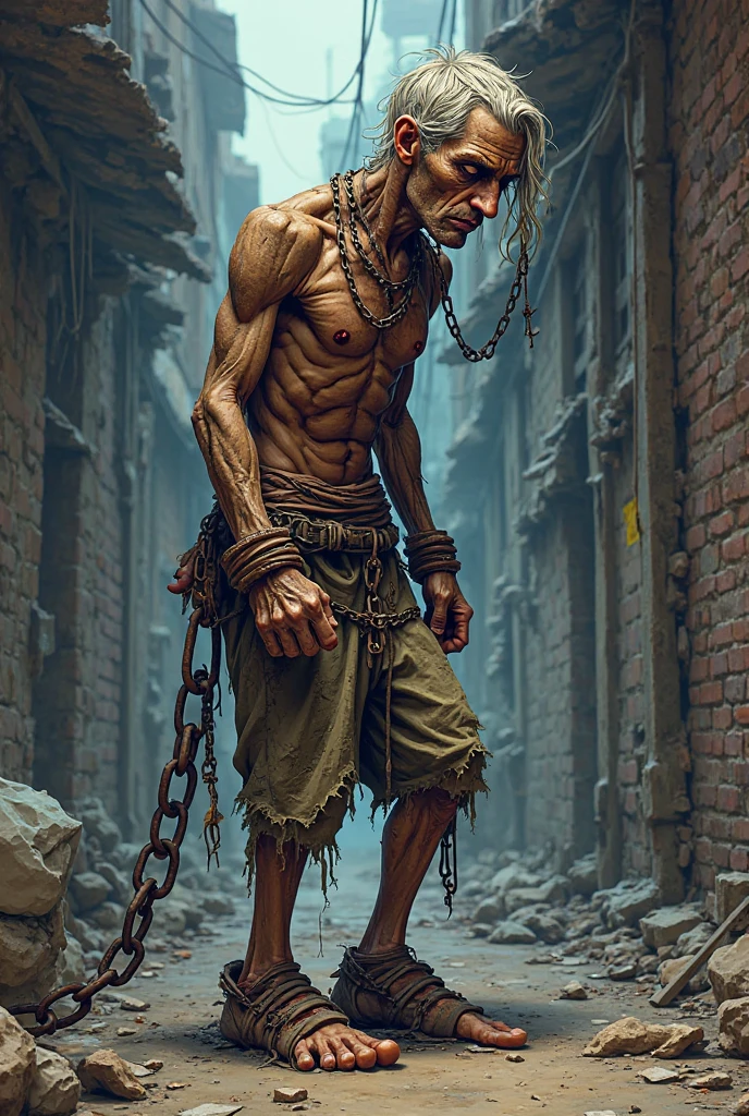 draw black beggar tied in chain ( Cartoon-style )