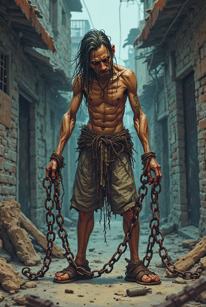 Create an image that is half a slave with chains on his hands and feet, ele sujo desgastado cansado e a outra metade a mesma pessoa em forma de Rei com uma coroa, espada e uma capa , que seja um joven de olhos claros, a imagen dividida que gere impacto a metade escravo a metade rei