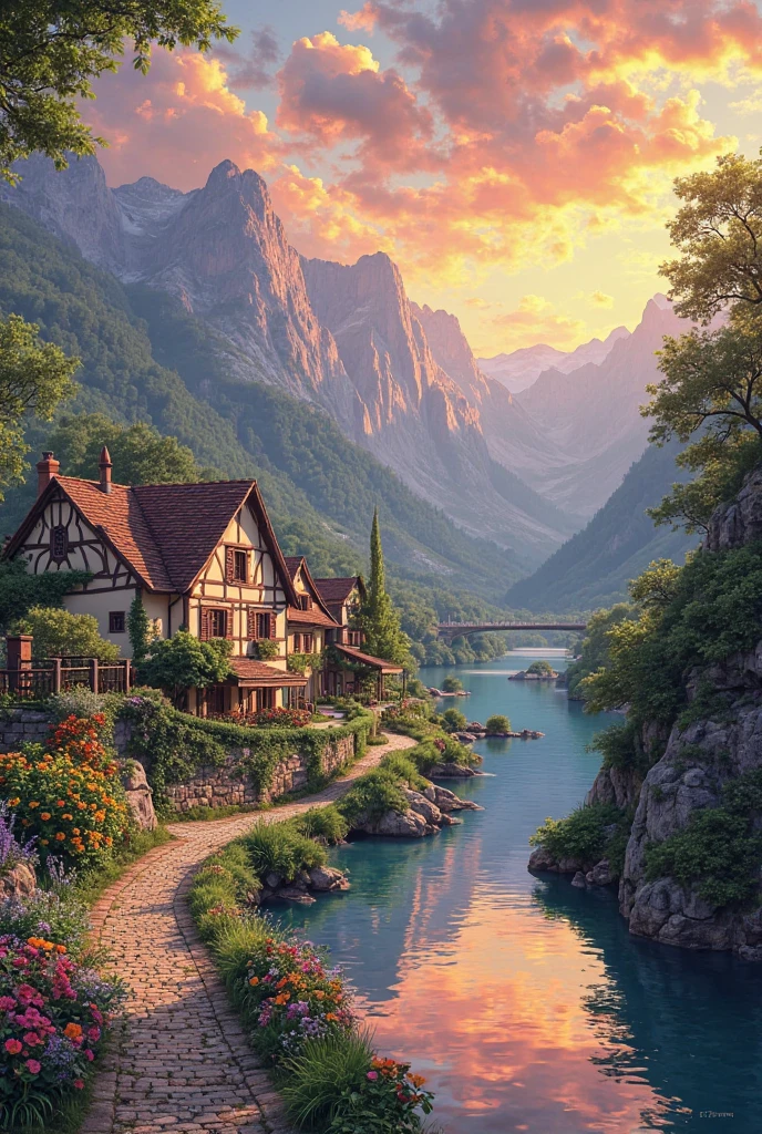 A small village by the river, mountains in the background, colorful flowers, detailed landscape style, beautiful natural scenery, atmospheric lighting,  scorching sunset ,  warm colors, practical, photographic, detailed foliage, complex buildings , cobblestone street, charming country house, vibrant colors, lush vegetation, reflections in the water, pitoresco, idyllic, work of art, Best Quality, 8k, extremely detailed, anime style