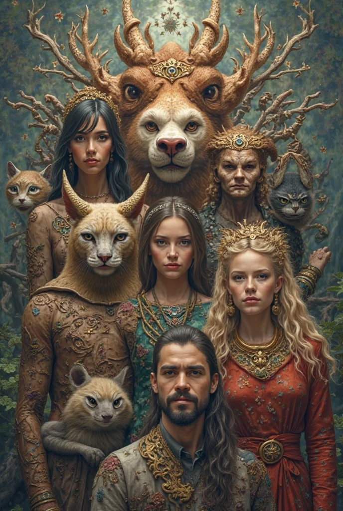 there are two people dressed as animals and lions, a lion cub in the middle of them, beautiful fantasy art portrait, cybernetic dreadlocks, symmetry, photography of three ravers, tribal jewelry, various refinement techniques, steampunk cat, inspired by Kamāl ud- Dīn Behzād, award-winning color photo, Gnosticism, 5 0 0 px templates --auto --s2