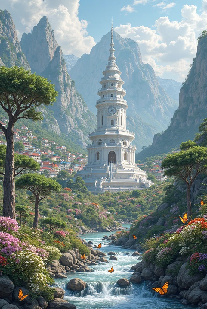 Create a realistic photo of a gorgeous city,  surrounded by mountains . in the foreground is a gorgeous garden with a fast mountain stream, unusual trees and flowers, with beautiful butterflies. Farther away, single-story houses with triangular multi-colored roofs. A gorgeous white-stone ancient temple, all white . 