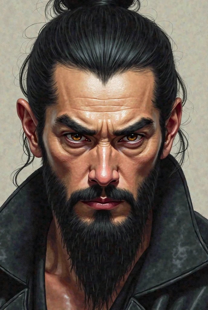 A young oriental man, avec un visage large, a broad and bulging forehead, thick black hair, une barbe et une moustache Ses yeux sont perçants.