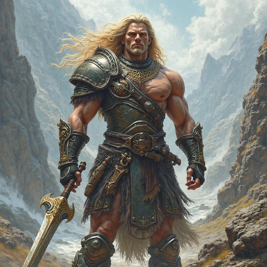 Beowulf, the epic sense, a warrior in torn leather, muscular, scarred, short blond hair, tall, noble, extremely strong, with a dim cave in the background, a shadow in the distance, high contrast, glossy skin, backlit