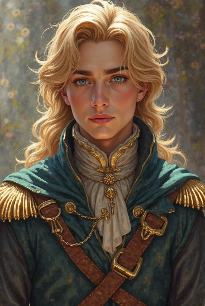 Create a person with these characteristics: 
•His hair is blonde, like that of his sister Eadlyn.
•He has blue eyes.
•He is attractive, elegant and always well presented (something common in the royal family).
•His style has a distinguished demeanor, always well dressed, often with clothes that reflect his status as Prince of Illéa.
He is charming, friendly and much loved by the people.
