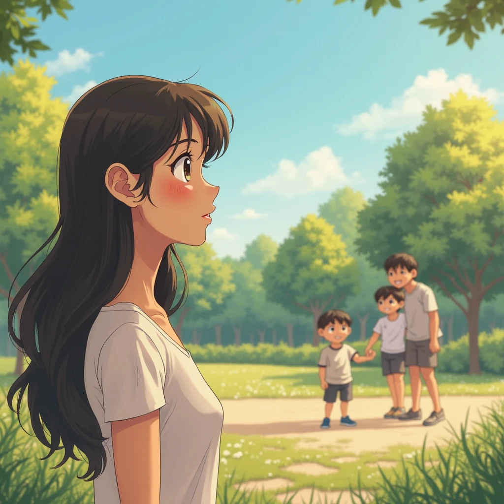 in anime style "An emotional scene with the same woman from part 1, now in her 30s, standing outside in a park. She has warm beige skin, long dark hair, and a strong jawline. She looks across the park in shock and disbelief as she sees her son, now around , playing happily with another family. The boy looks healthy and well, wearing casual clothes, and is smiling. The family members around him appear older, with the parents being in their late 30s or early 40s, dressed casually and smiling warmly at the boy. They seem loving and joyful, unaware of the woman’s presence. The woman’s face reflects a mix of surprise, confusion, and intense emotional turmoil. The scene captures the heartbreaking moment she sees her son alive, but with another family. The background features soft daylight and a clear blue sky, with soft pastel colors and golden accents to enhance the emotional tension. The lighting should be soft and diffused, creating a surreal yet poignant atmosphere."
