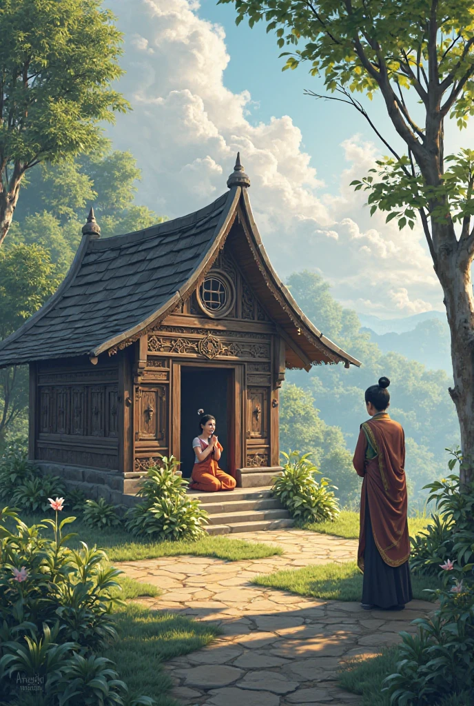 small Nepalese architecture house with greenery landscaping, small temple in front of house, a Lady pray in there and a man looks her.

