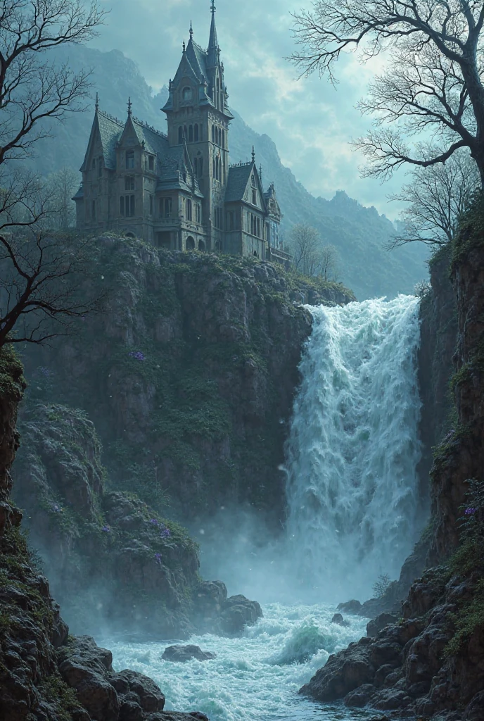 Waterfall with macabre mansion