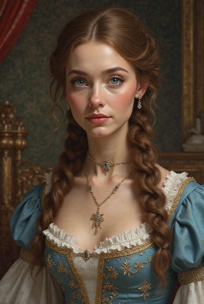 A duchess, around 25 years old and she has brown hair and blue eyes. Her hair is braided into a tall hairstyle.