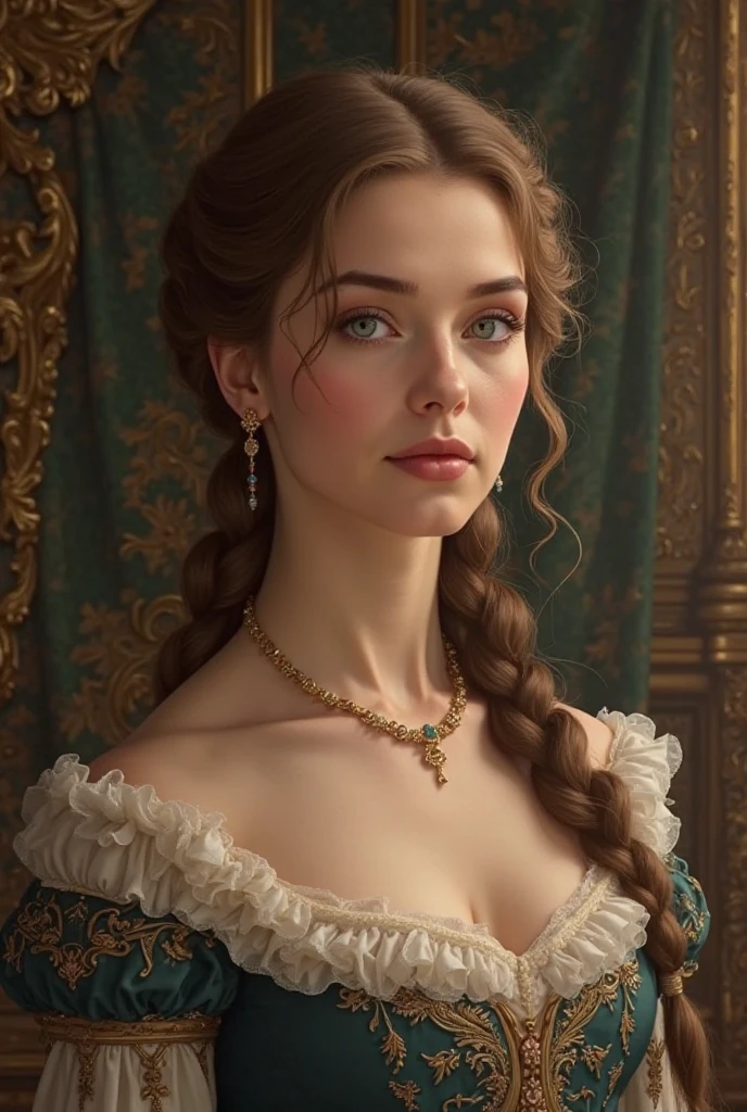 A duchess, around 25 years old and she has brown hair and blue eyes. Her hair is braided into a tall hairstyle.