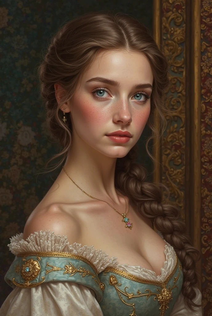 A duchess, around 25 years old and she has brown hair and blue eyes. Her hair is braided into a tall hairstyle.