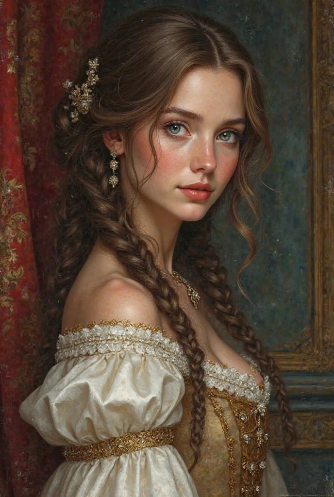 A duchess, around 25 years old and she has brown hair and blue eyes. Her hair is braided into a tall hairstyle.