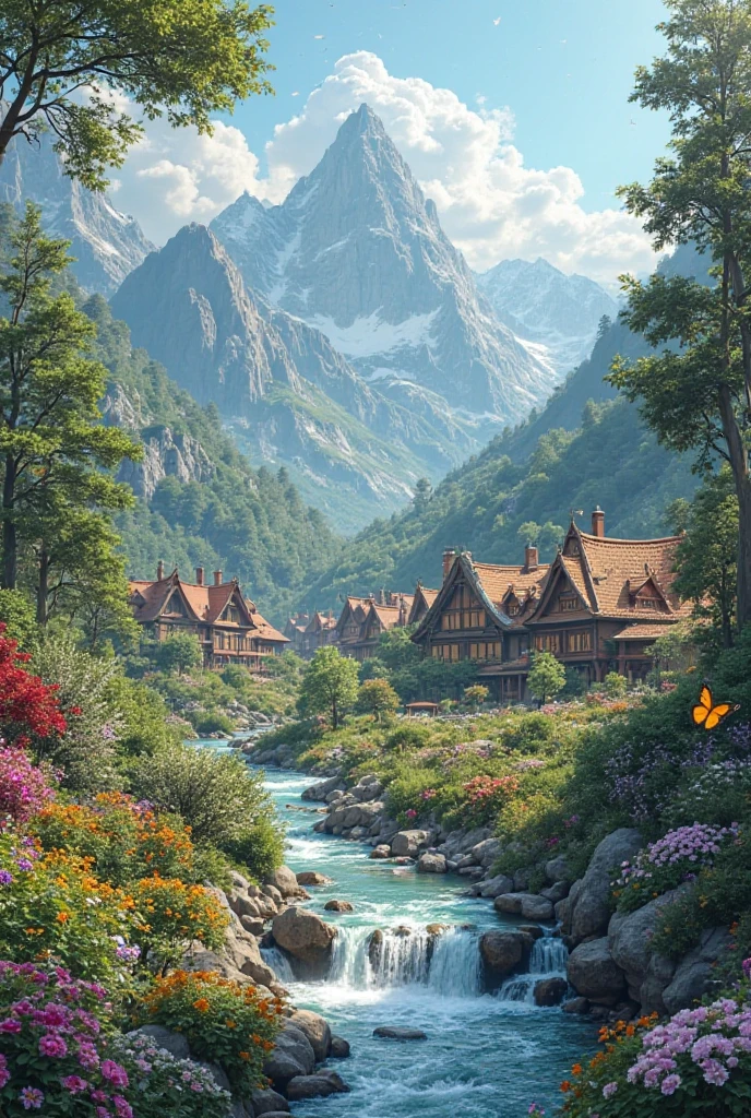 Create a realistic, clear, high-quality photo of a gorgeous city,  surrounded by mountains . in the foreground is a gorgeous garden with a fast mountain stream, unusual trees and flowers, with beautiful butterflies. Farther away, single-story houses with triangular multi-colored roofs, so many.