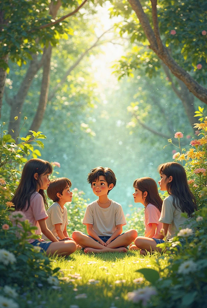 The same  in the garden surrounded by classmates 