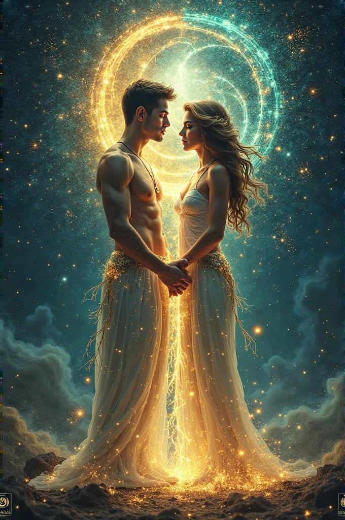 "Sacred Fusion of Two Souls"
A stunning digital artwork depicting the sacred fusion of two souls in love. The image shows a perfectly integrated man and woman, their bodies intertwined with streams of golden light and vibrant cosmic energy. Their features soften in a harmonious symbiosis, revealing eyes that shine with infinite love and understanding. The background is a fusion of the celestial and the earthly: galaxies, constellations, and delicate natural elements—such as flowers, vines, and leaves—combine with geometric and symbolic patterns, evoking the elegance of the Renaissance and modern surrealism. The ethereal lighting highlights every detail with a divine glow, conveying peace, inner strength, and eternal love, as if a masterpiece reimagined for the contemporary era.
