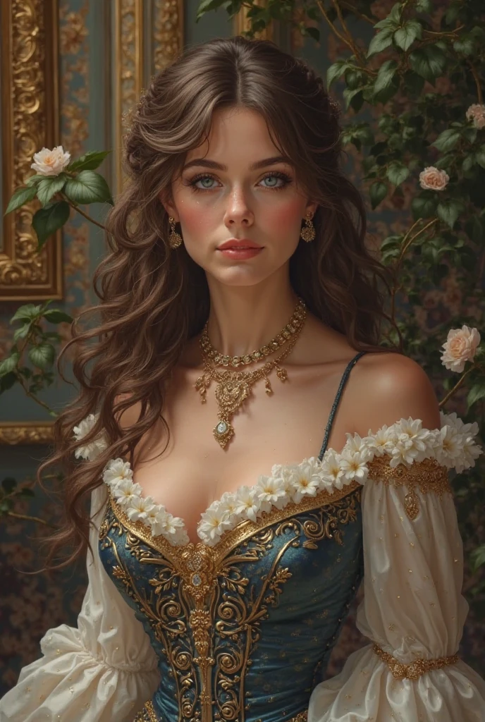 A duchess, about 25 years old. She has brown hair and blue eyes. She is a bit haughty.