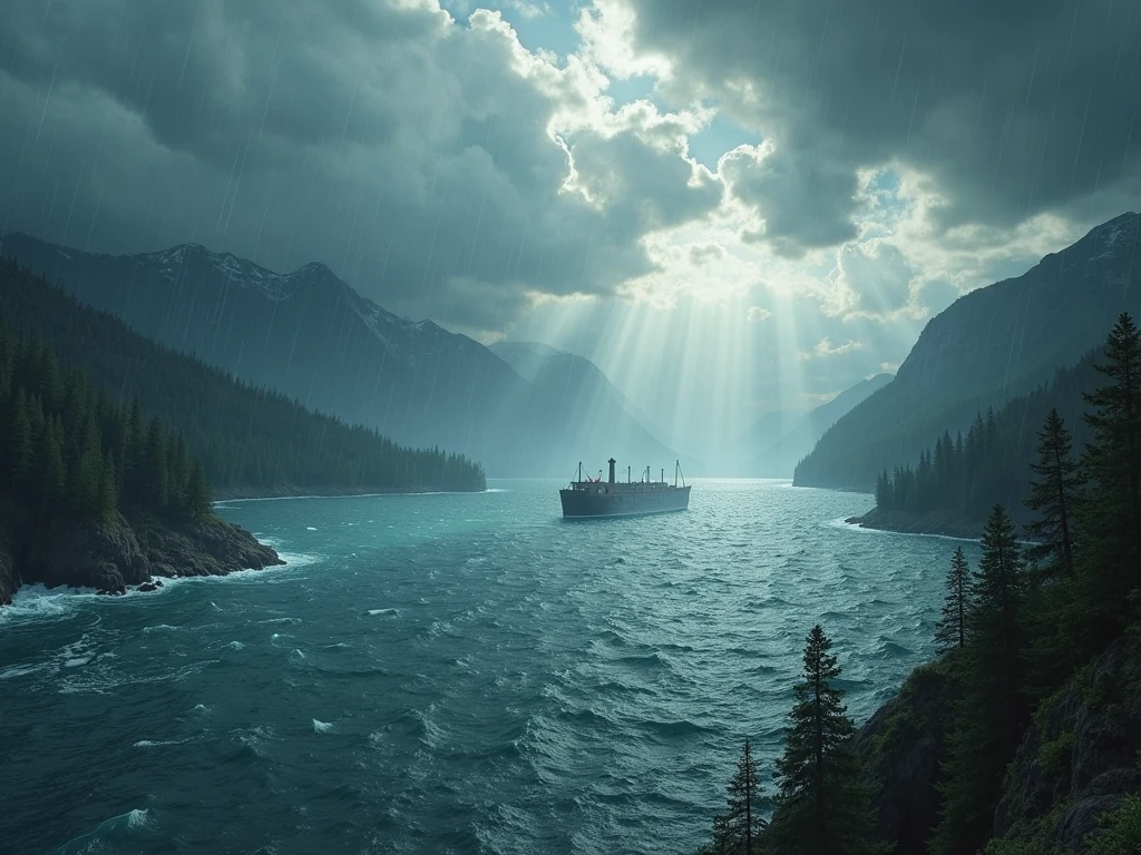 "A panoramic view of the flood at its peak, where water covers the entire earth. Mountains and trees are submerged, and only Noah's Ark is seen floating in the middle of an endless ocean, with turbulent skies and rain-laden clouds."