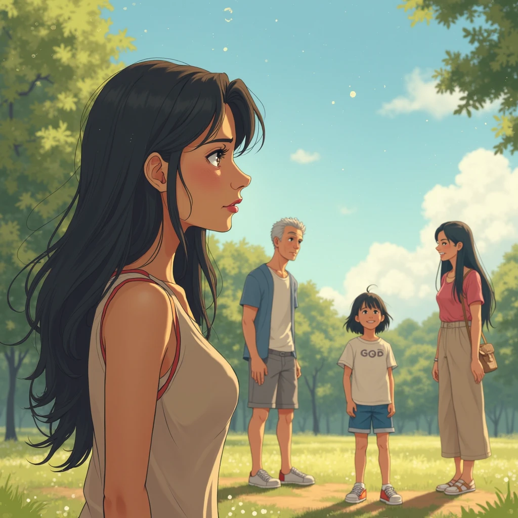in anime style "An emotional scene with the same woman from part 1, now in her 30s, standing outside in a park. She has warm beige skin, long dark hair, and a strong jawline. She looks across the park in shock and disbelief as she sees her son, now around , playing happily with another family. The boy looks healthy and well, wearing casual clothes, and is smiling. The family members around him appear older, with the parents being in their late 30s or early 40s, dressed casually and smiling warmly at the boy. They seem loving and joyful, unaware of the woman’s presence. The woman’s face reflects a mix of surprise, confusion, and intense emotional turmoil. The scene captures the heartbreaking moment she sees her son alive, but with another family. The background features soft daylight and a clear blue sky, with soft pastel colors and golden accents to enhance the emotional tension. The lighting should be soft and diffused, creating a surreal yet poignant atmosphere."