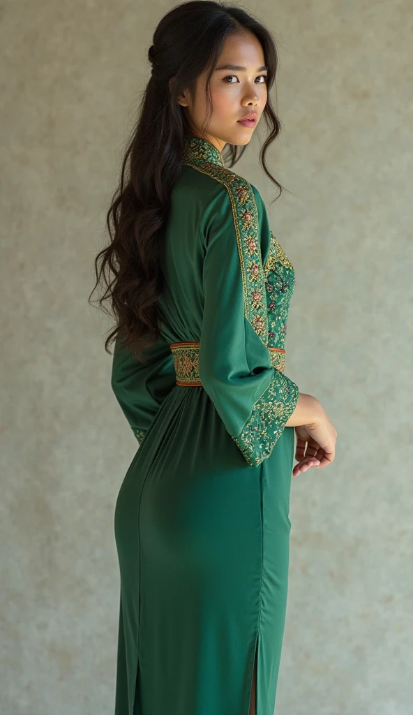 A beautiful russian girl wearing dark green and golden silk dress, pointing both hands fingers to sign board upward in opposite direction showing viewers with white background