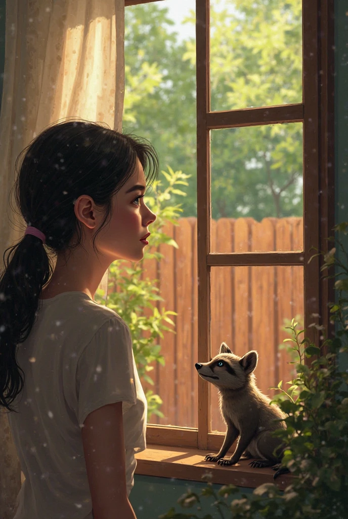 An image where a woman looks behind a window of her house to her patio and a cacomixltle is walking on the fence (Basssriscus astutus). It's daylight and the woman looks happy to see it 